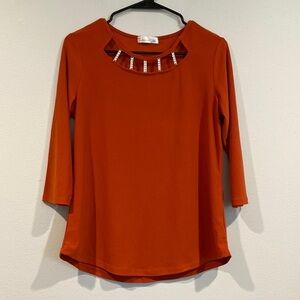 89th + Madison Red/Orange Blouse with Rhinestones around Neckline-Size Small S/P